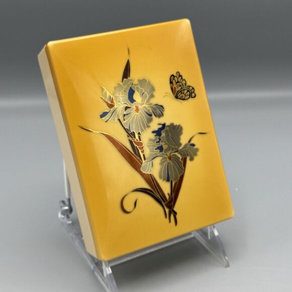 Plastic Celluloid Vanity Trinket Box Rectangle Yellow Irises Butterfly Kitschy - Picture 2 of 11